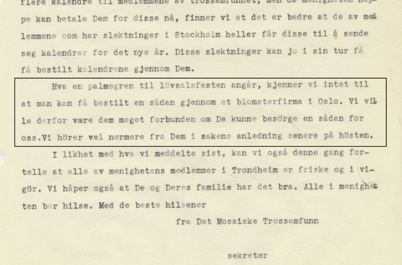 Sukkot og bestilling av palmegren i 1941